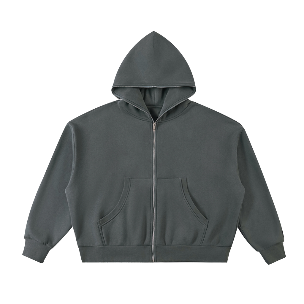 Gray hoodie with a zipper on a white background