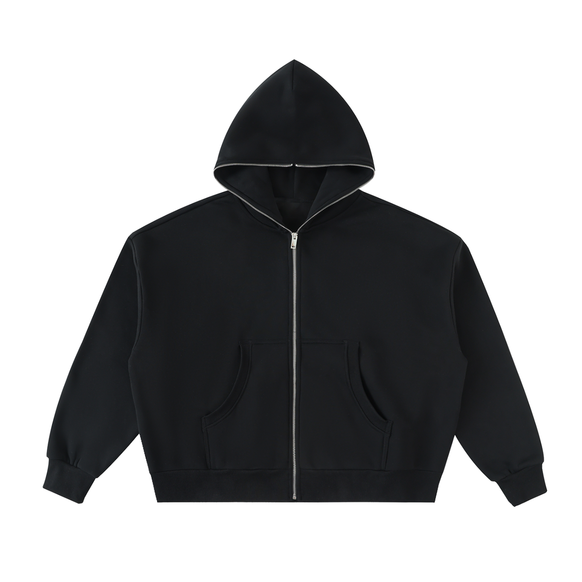 Black hoodie with a zipper on a white background