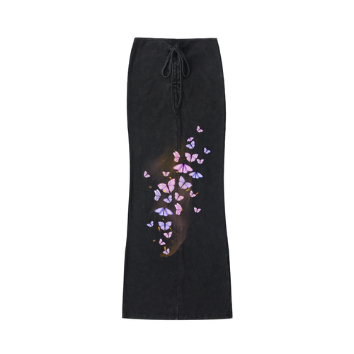 A black midi skirt with a drawstring waist and a vertical graphic print of pink, purple, and blue butterflies on the front, shown against a plain white background.