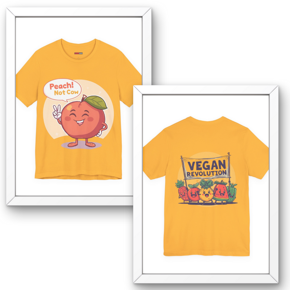 Yellow t-shirt with cartoon peach and 'Peach! Not Cow!' text, framed on a white background.