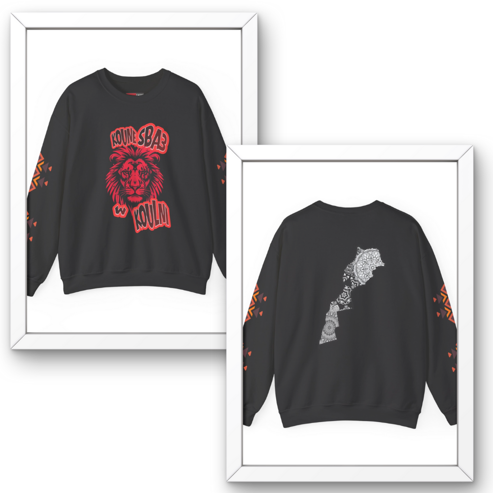 Black sweatshirt with red and white graphics on a white background