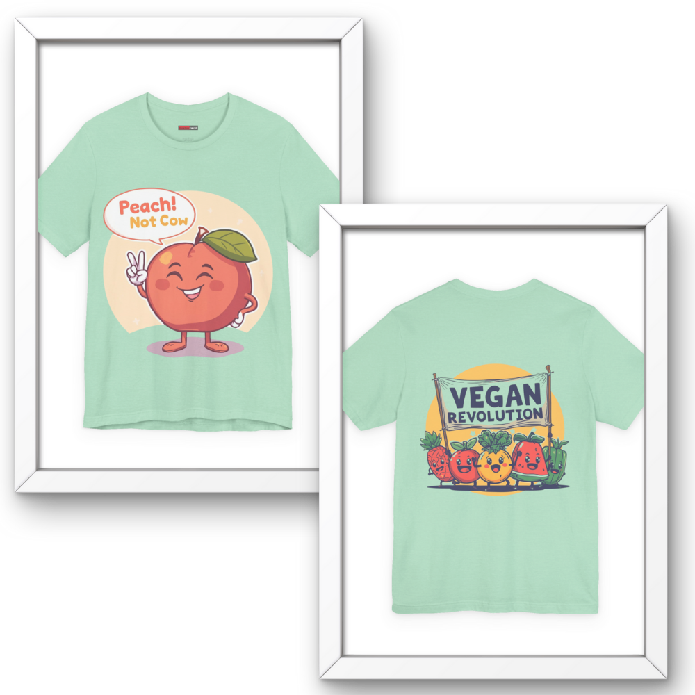 Two framed t-shirts with cartoon designs on a white background