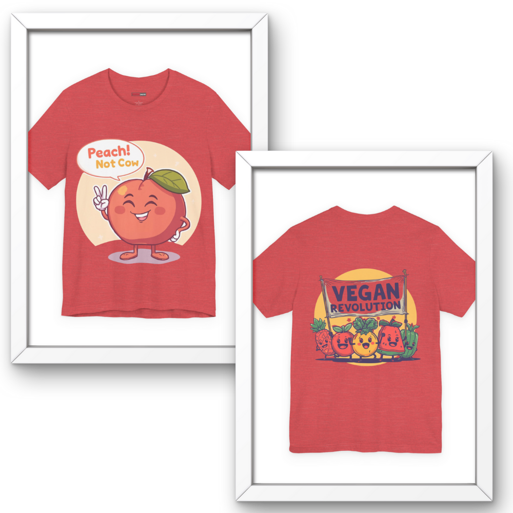 Two red t-shirts with cartoon peach character and 'Vegan Revolution' design in white frames.