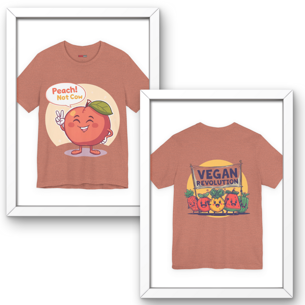 Two framed t-shirts with cartoon peach character and 'Vegan Revolution' design on a white background