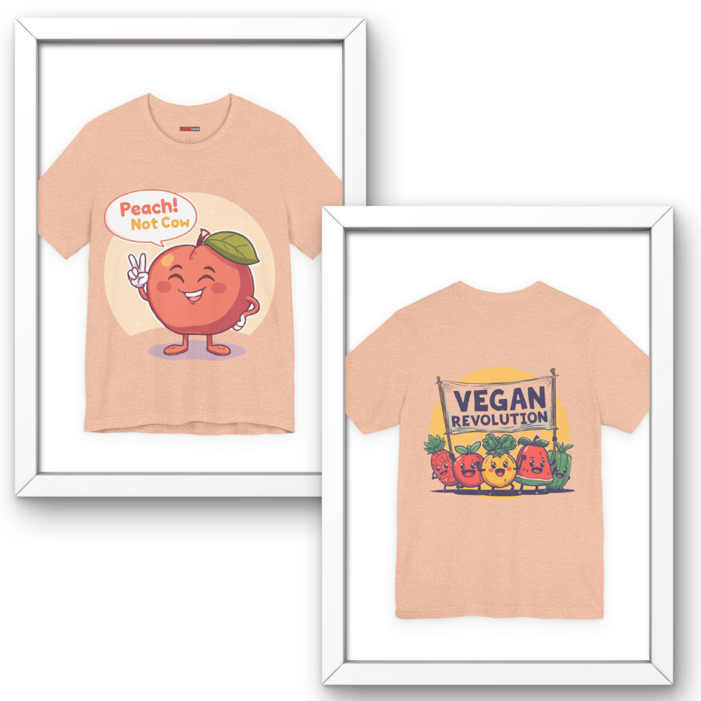 Two peach-colored t-shirts with cartoon designs in white frames on a white background