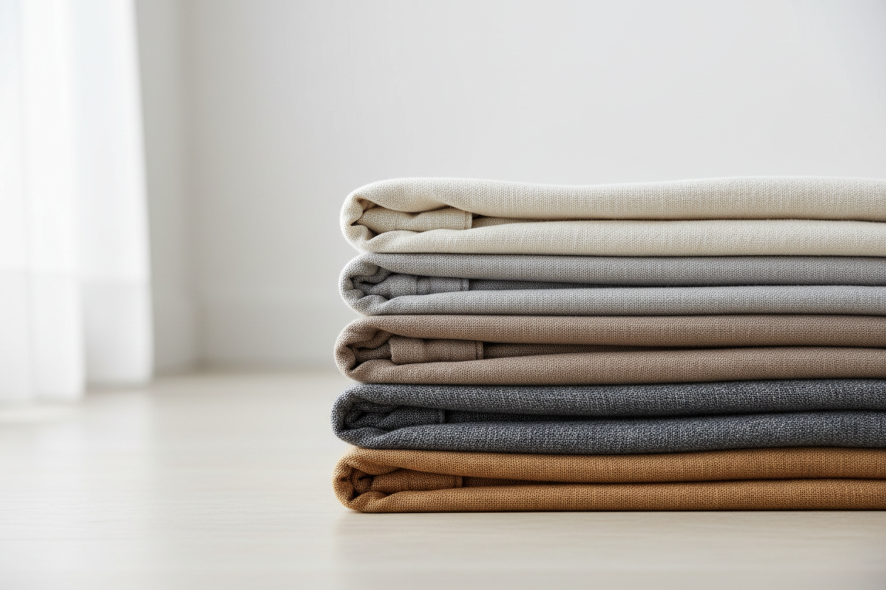 High-resolution studio photograph of neatly stacked fabric layers.
The fabrics are folded cleanly and arranged in an elegant horizontal stack.
Each layer shows subtle texture, thickness, and softness.
Colors are neutral and refined (off-white, soft grey, charcoal, muted earth tones).
Lighting is soft and natural, highlighting fabric depth and weave without harsh shadows.
Background is clean and minimal, allowing the fabric stack to be the focal point.
The image should feel premium, authentic, and tactile, s