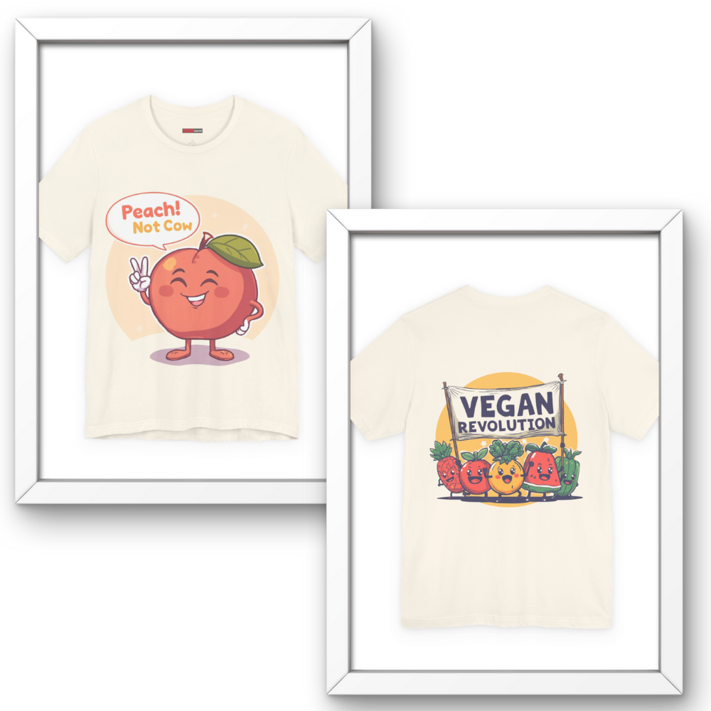 Two framed t-shirts with cartoon designs on a white background