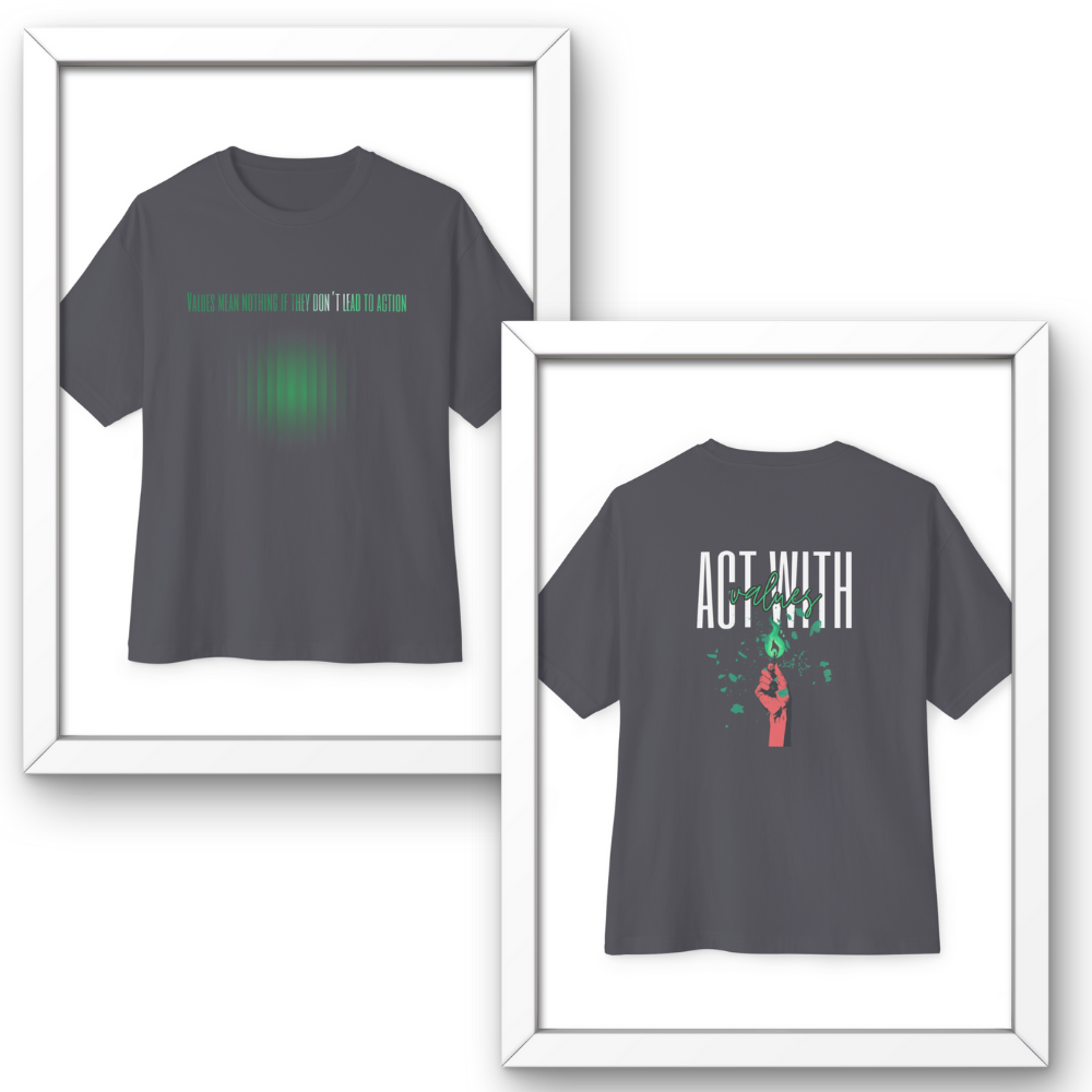 Gray t-shirt with text and graphics on a white background