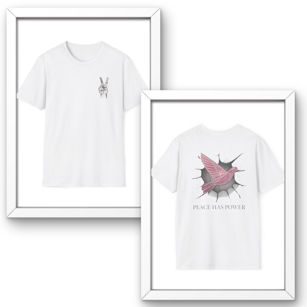 White t-shirt with a dove design and 'Peace Has Power' text in a white frame.