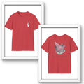 Two red t-shirts with graphic designs in white frames on a white background