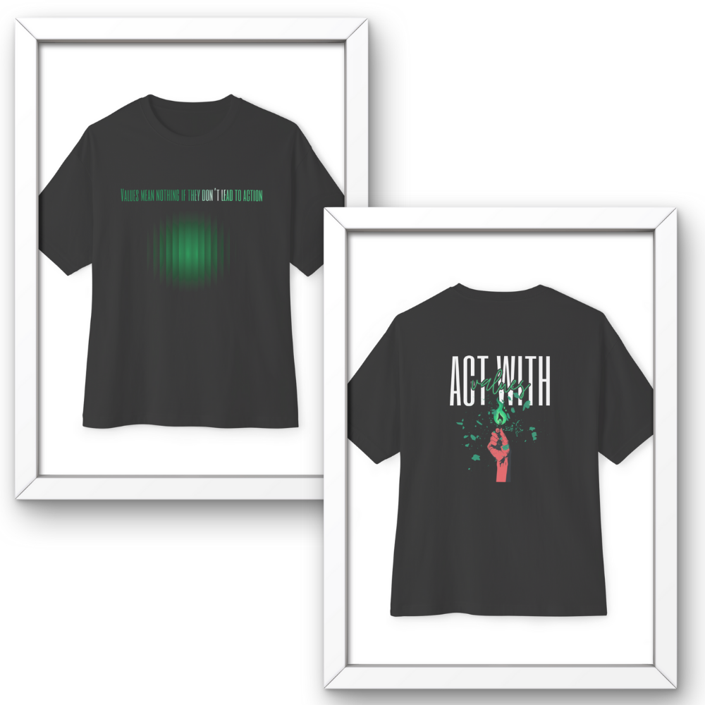 Black t-shirt with green and white text and graphics on a white background