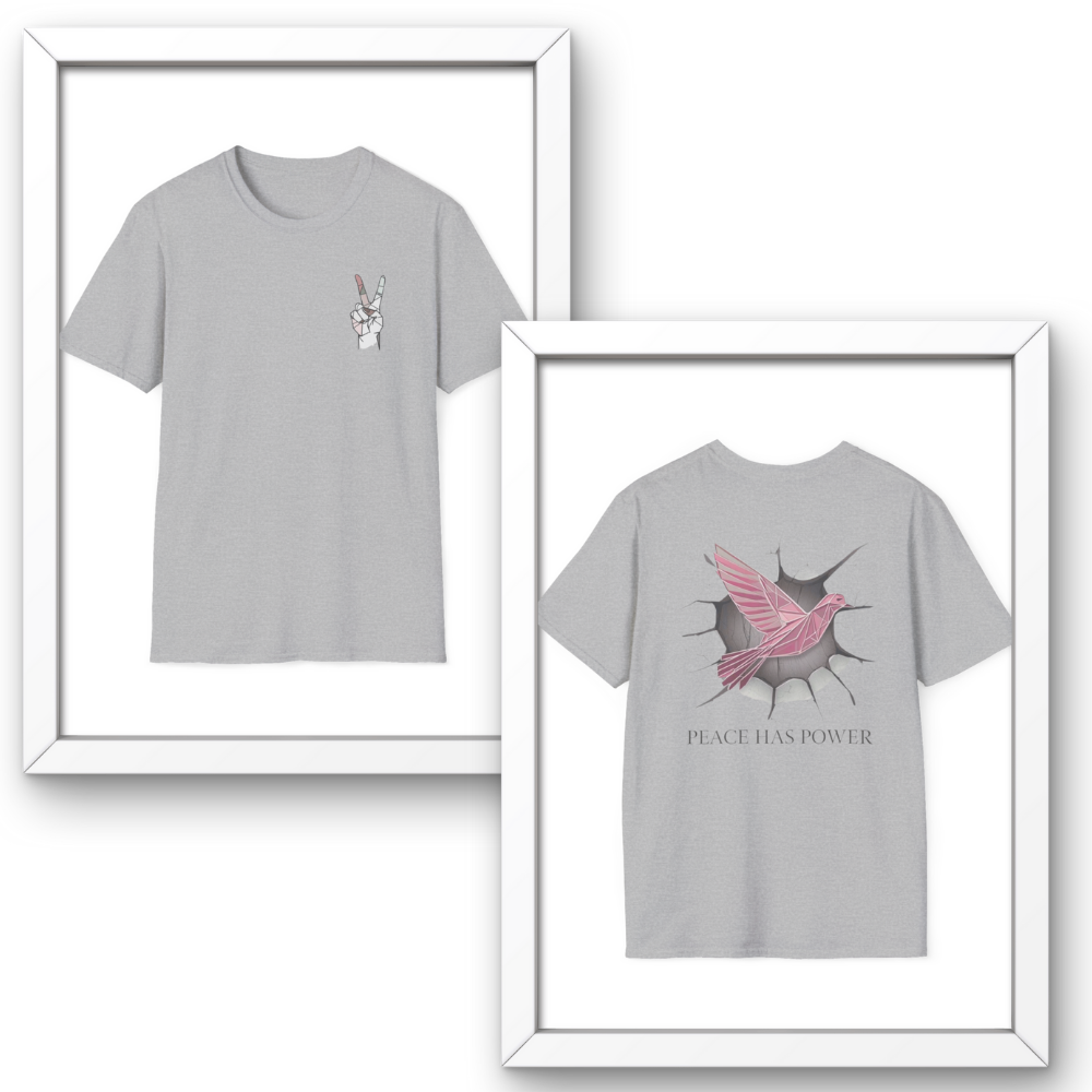 Gray t-shirt with a pink dove design and 'Peace Has Power' text, framed on a white background.
