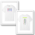 Two white t-shirts with colorful barcodes and text in frames on a white background