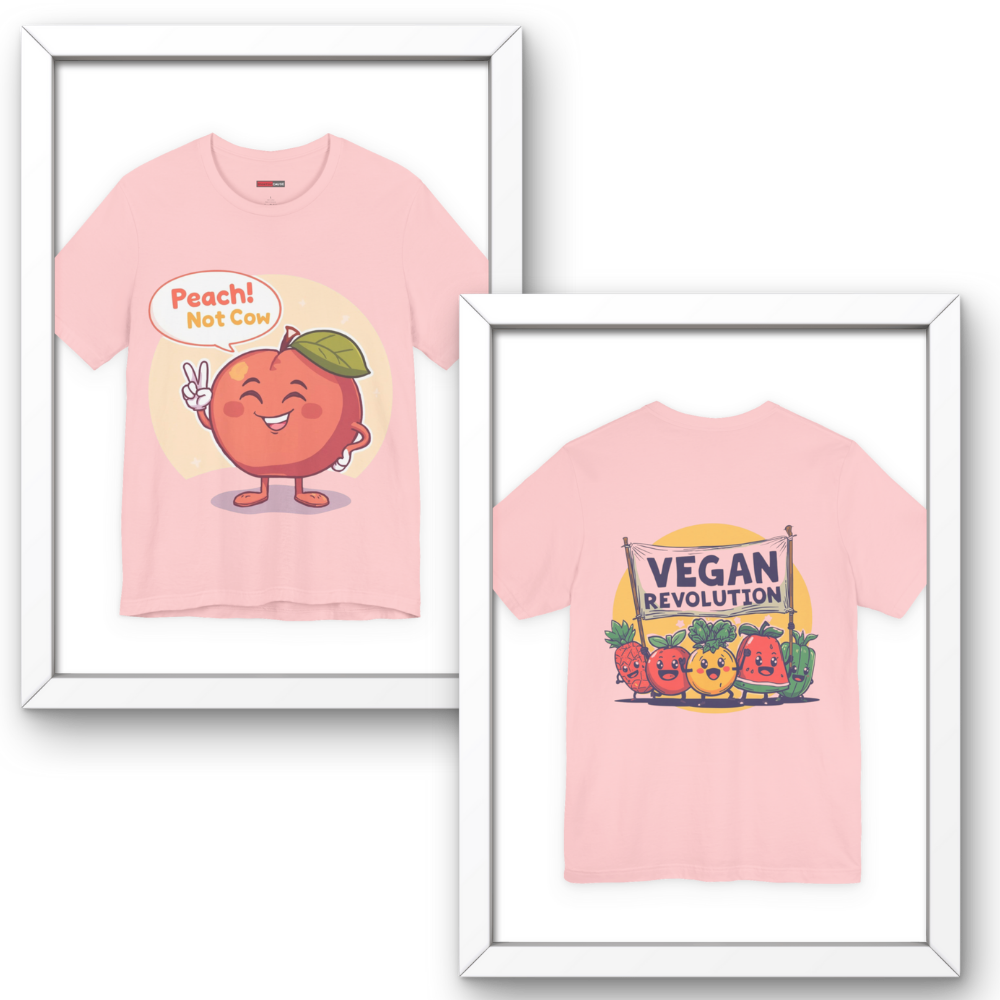Two framed pink t-shirts with cartoon designs on a white background