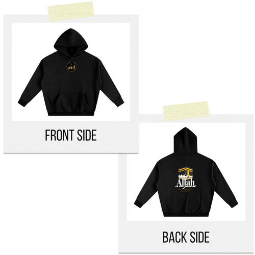 Black hoodie with 'Allah' text on front and back, displayed side by side.