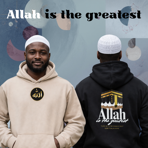 Two men wearing hoodies with 'Allah is the greatest' text and logo on a colorful abstract background.
Beige hoodie front circular Allah emblem black gold, black hoodie back Kaaba graphic Allah is the greatest text, Guide us to the straight path, Glory to Allah alone, ShowYourFaith collection, Islamic streetwear, spiritual fashion, modern devotion apparel.
- “Faith in every stitch.”
- “Allah is the greatest.”
- “ShowYourFaith, show your devotion.”
- “Streetwear with spiritual pride.”
