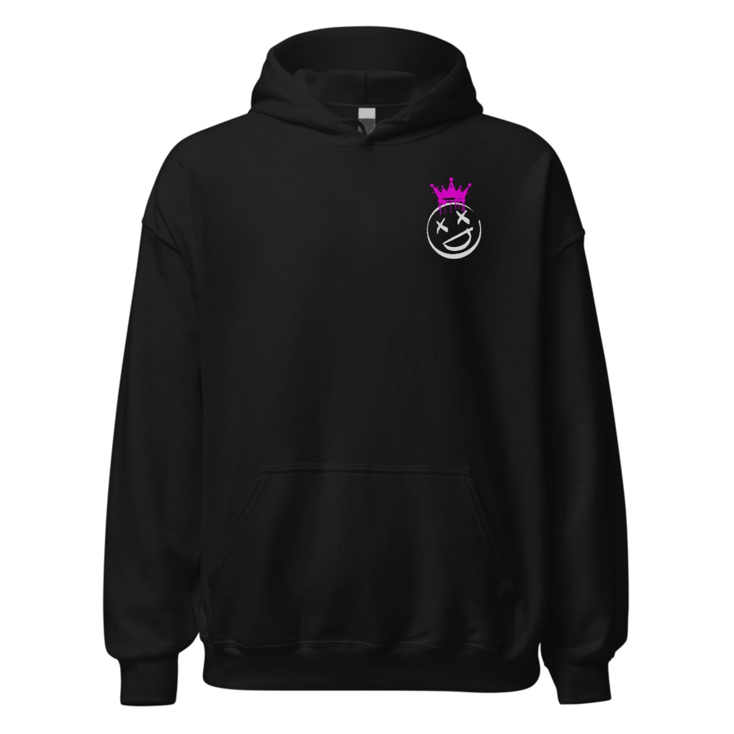 Black hoodie with a unique smiley face design on a white background