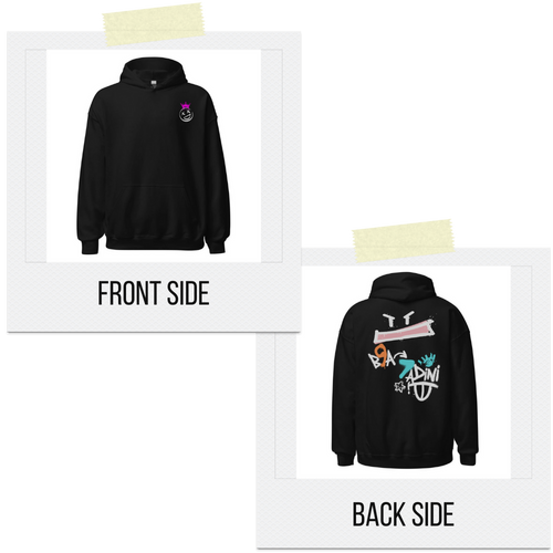 Black hoodie shown from front and back with visible designs on a white background.