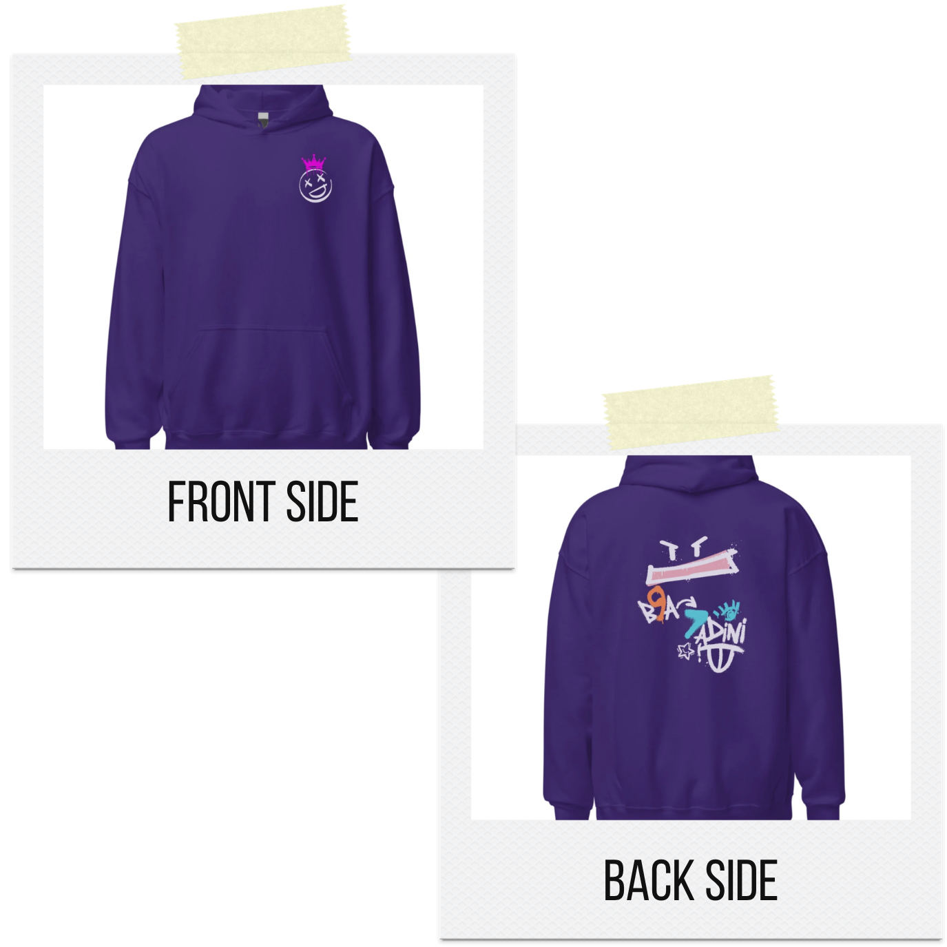 Purple hoodie with front and back designs on a white background