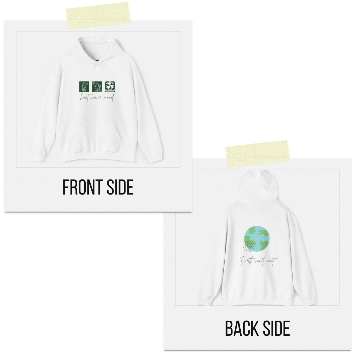 White hoodie with front and back designs on a white background