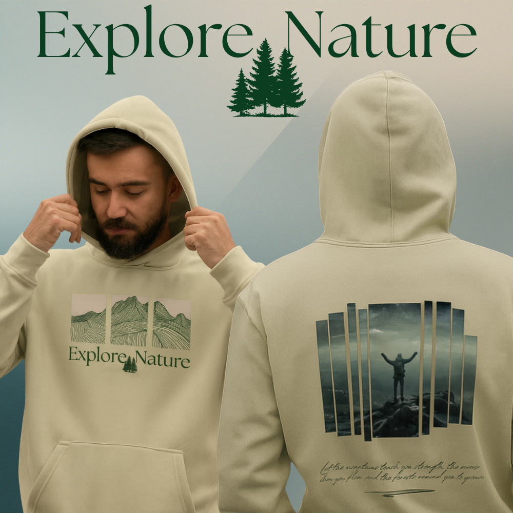 Beige hoodie with nature-themed graphics and text, featuring a person wearing it.
Fleeced Boxy Hoodie