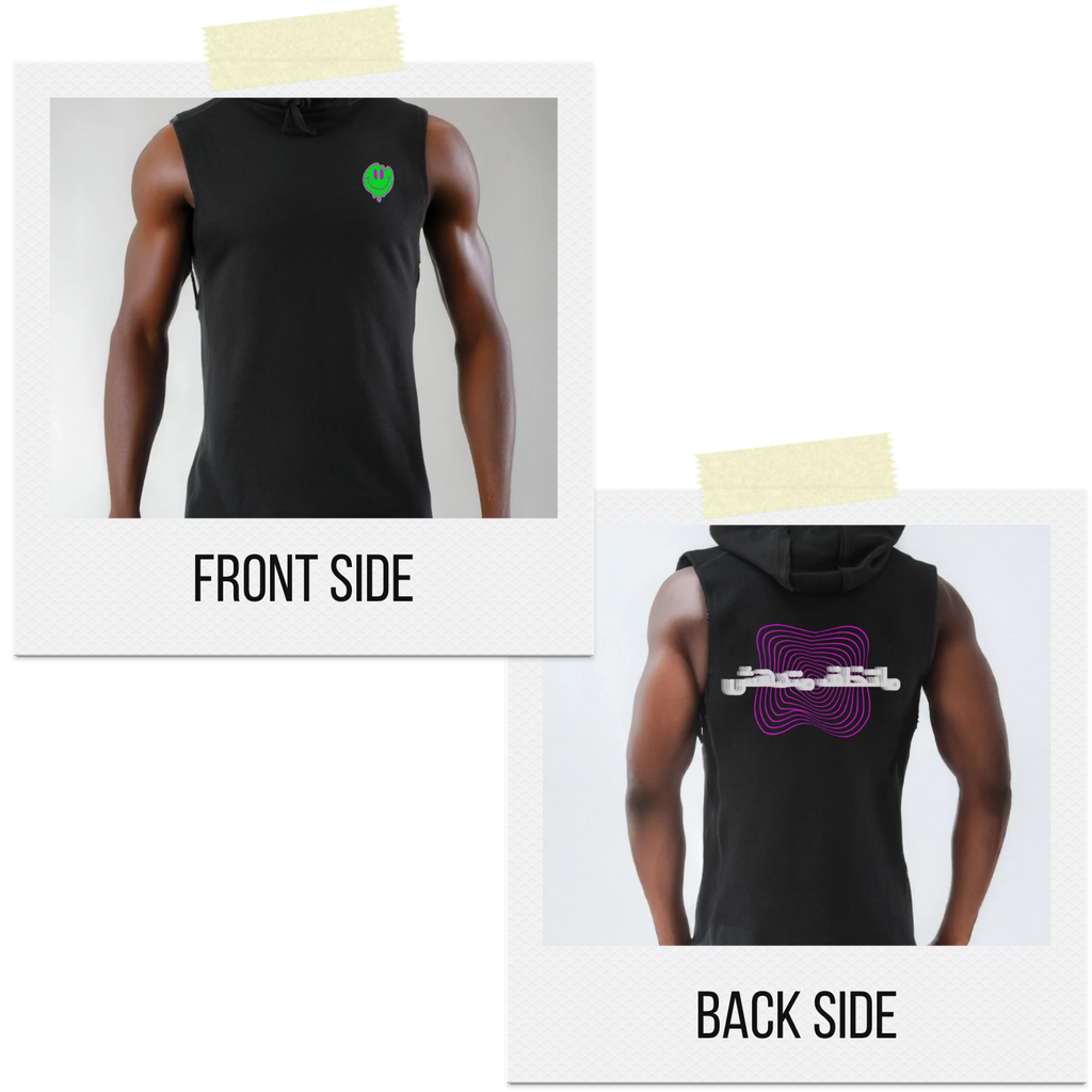 Black sleeveless hoodie with front and back designs displayed on a person.