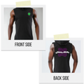 Black sleeveless hoodie with front and back designs displayed on a person.