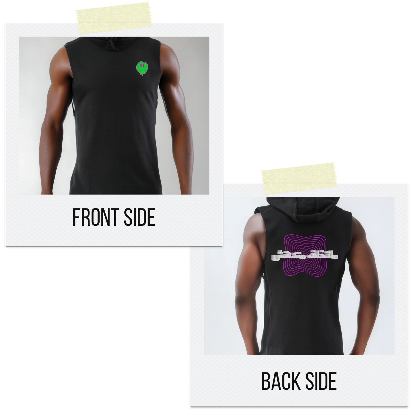 Black sleeveless hoodie with front and back designs displayed on a person.