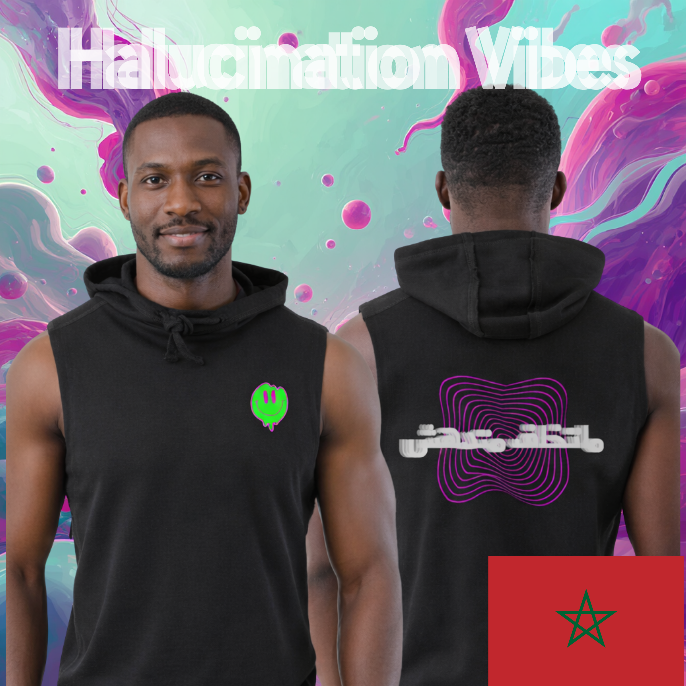 Person wearing a black sleeveless hoodie with a green logo on the front and a purple abstract design on the back, against a colorful abstract background.
Sleeveless black hoodie, dripping smiley face green pink, back purple concentric glitch waves, hallucination vibes design, ShowYourIdentity collection, chaotic streetwear, psychedelic fashion, identity-inspired apparel.
“Halucination vibes, show your identity.”
“Cha3al f rassk, cha3al f stylek.”
“ShowYourIdentity, show your chaos.”
“Dripping smile, glit