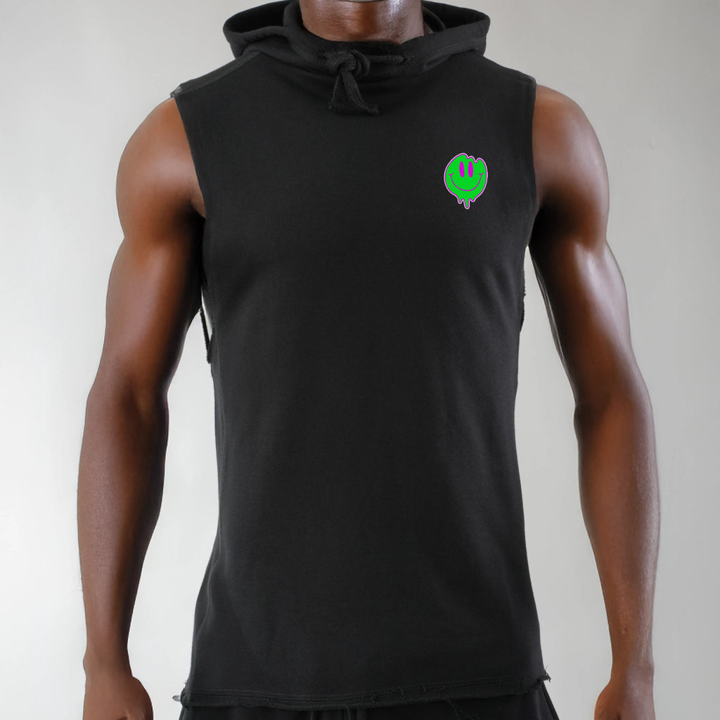 Person wearing a black sleeveless hoodie with a green logo on a plain background
Person wearing a black sleeveless hoodie with a green logo on the front and a purple abstract design on the back, against a colorful abstract background.
Sleeveless black hoodie, dripping smiley face green pink, back purple concentric glitch waves, hallucination vibes design, ShowYourIdentity collection, chaotic streetwear, psychedelic fashion, identity-inspired apparel.
“Halucination vibes, show your identity.”
“Cha3al f rassk