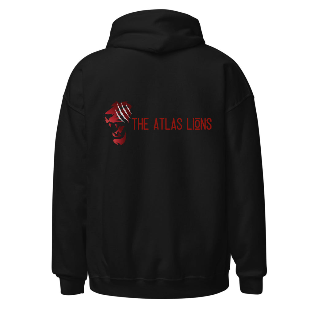 Black hoodie with red logo and text on the back against a white
background.
Black hoodie, front red glaring eyes graphic, back red lion head with white claw marks, Atlas Lions text stylized, ShowYourIdentity collection, bold streetwear, Moroccan pride fashion, powerful urban design.
- “3youn li kaychoufou, assad li kayhmi.”
- “Atlas Lions, pride in style.”
- “ShowYourIdentity, show your power.”
- “Min l3youn l’assad, l9owa kayban.”