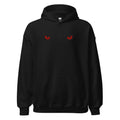 Black hoodie with red eye-like designs on a white background.
Black hoodie, front red glaring eyes graphic, back red lion head with white claw marks, Atlas Lions text stylized, ShowYourIdentity collection, bold streetwear, Moroccan pride fashion, powerful urban design.
- “3youn li kaychoufou, assad li kayhmi.”
- “Atlas Lions, pride in style.”
- “ShowYourIdentity, show your power.”
- “Min l3youn l’assad, l9owa kayban.”
