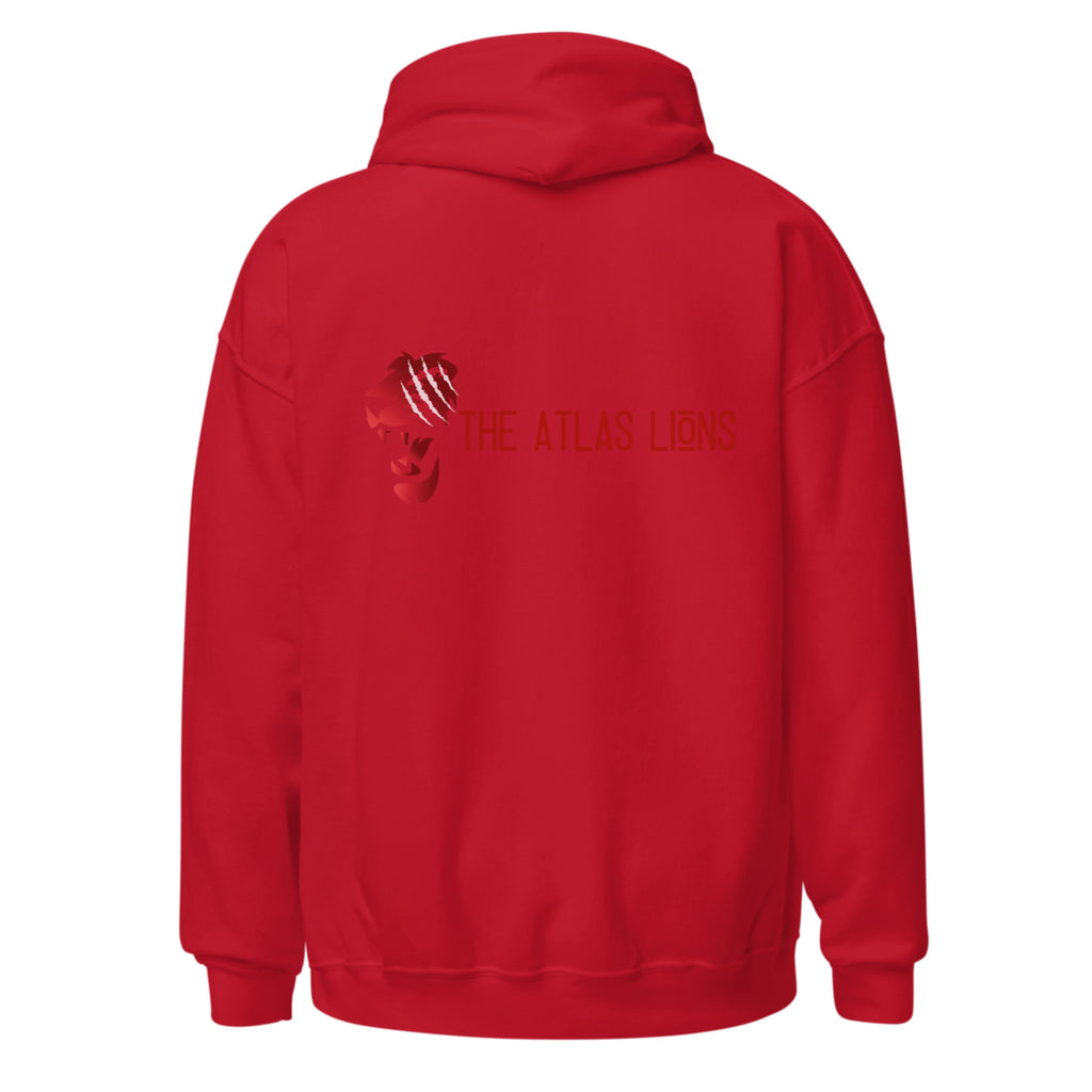 Red hoodie with 'The Atlas Lions' logo on the back against a white background.
red hoodie, front red glaring eyes graphic, back red lion head with white claw marks, Atlas Lions text stylized, ShowYourIdentity collection, bold streetwear, Moroccan pride fashion, powerful urban design.
- “3youn li kaychoufou, assad li kayhmi.”
- “Atlas Lions, pride in style.”
- “ShowYourIdentity, show your power.”
- “Min l3youn l’assad, l9owa kayban.”