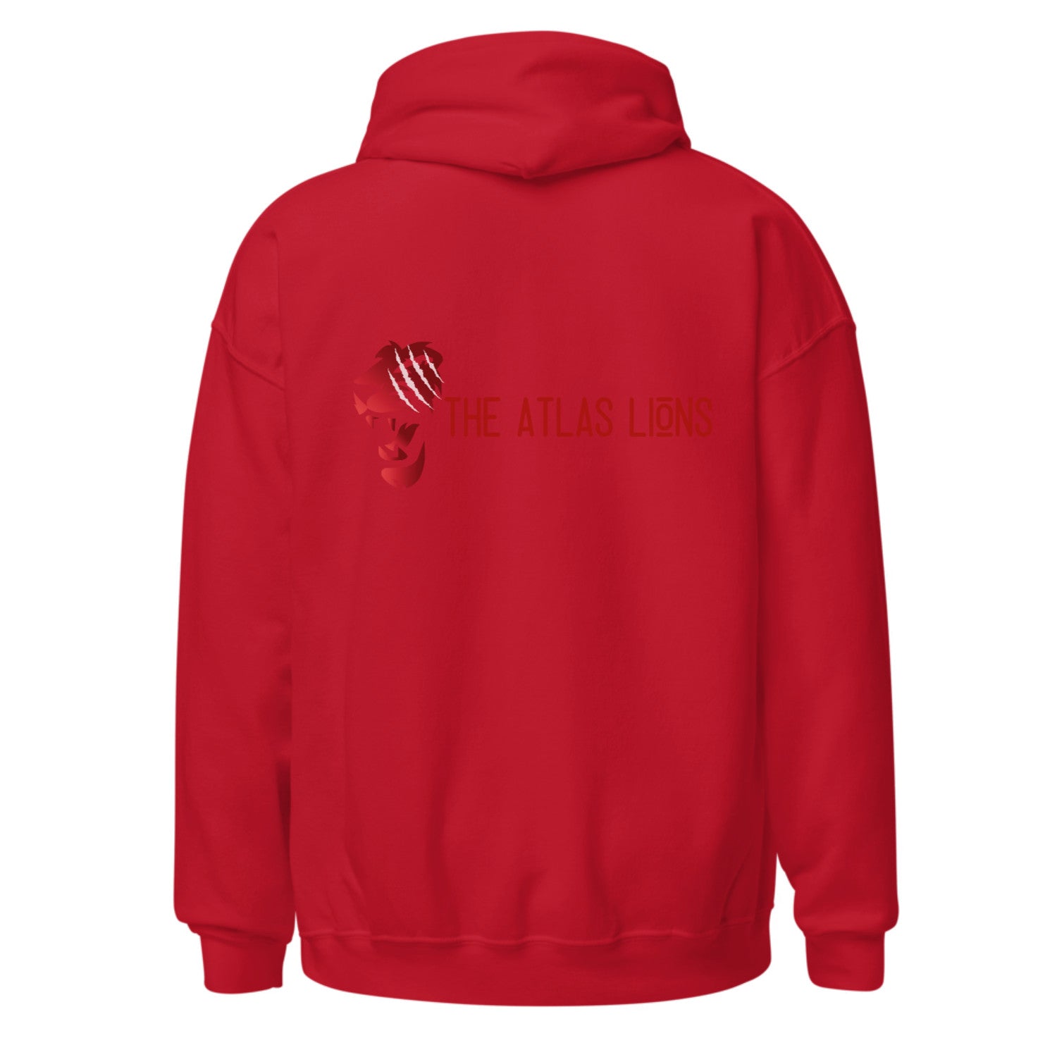 Red hoodie with 'The Atlas Lions' logo on the back against a white background.
red hoodie, front red glaring eyes graphic, back red lion head with white claw marks, Atlas Lions text stylized, ShowYourIdentity collection, bold streetwear, Moroccan pride fashion, powerful urban design.
- “3youn li kaychoufou, assad li kayhmi.”
- “Atlas Lions, pride in style.”
- “ShowYourIdentity, show your power.”
- “Min l3youn l’assad, l9owa kayban.”
