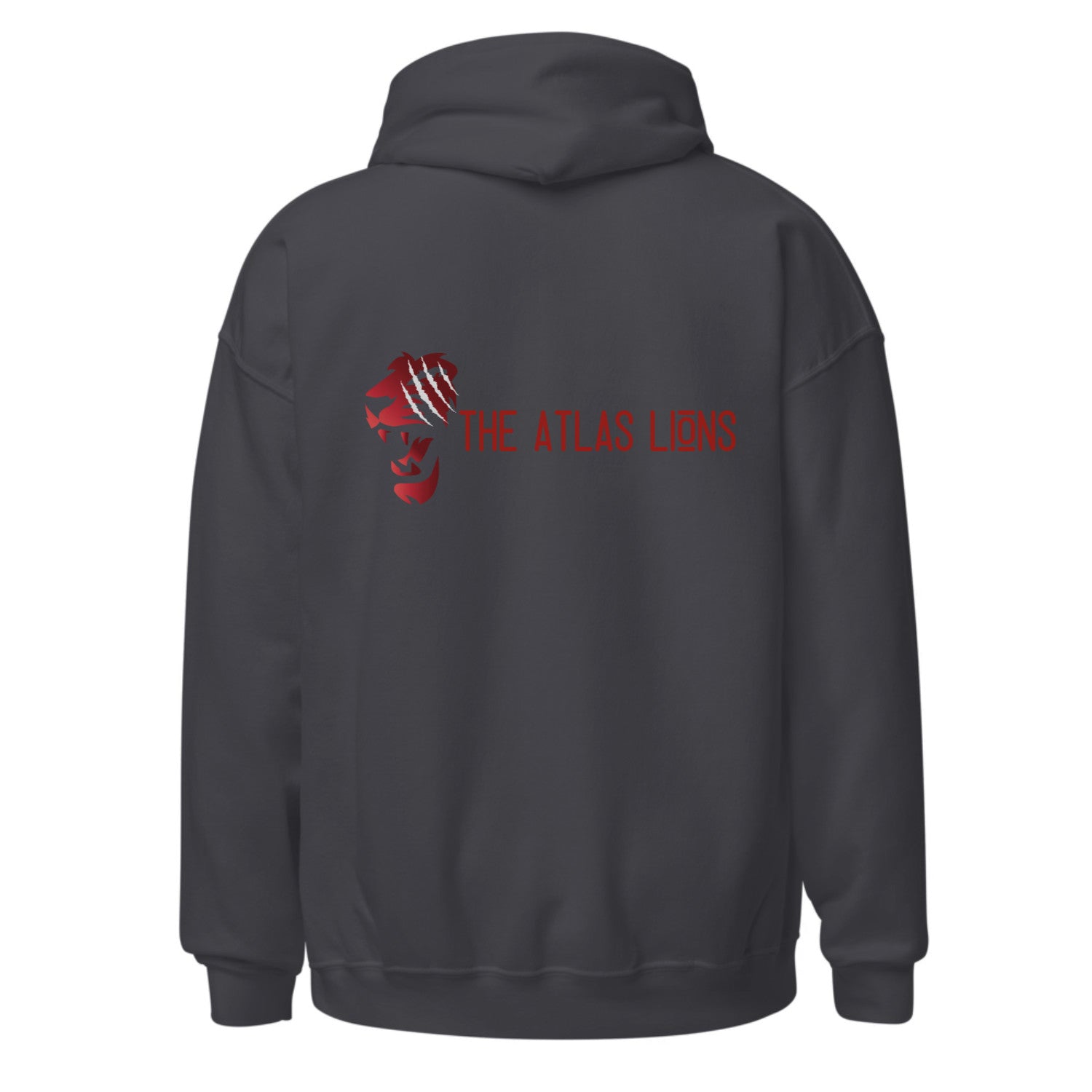 Black hoodie with red logo and text on the back against a white background.
dark grey hoodie, front red glaring eyes graphic, back red lion head with white claw marks, Atlas Lions text stylized, ShowYourIdentity collection, bold streetwear, Moroccan pride fashion, powerful urban design.
- “3youn li kaychoufou, assad li kayhmi.”
- “Atlas Lions, pride in style.”
- “ShowYourIdentity, show your power.”
- “Min l3youn l’assad, l9owa kayban.”