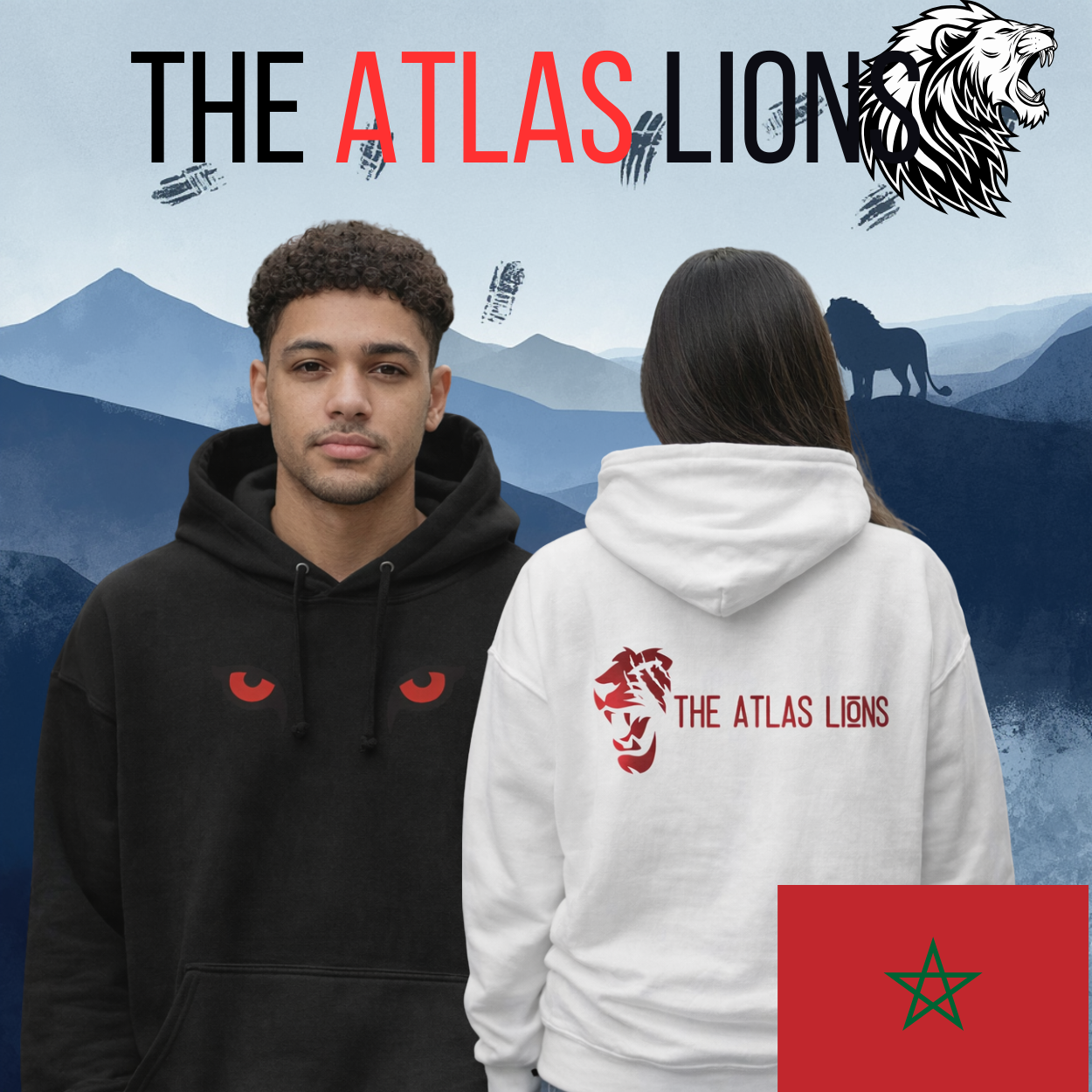 Two people wearing hoodies with 'The Atlas Lion' branding against a mountainous background.