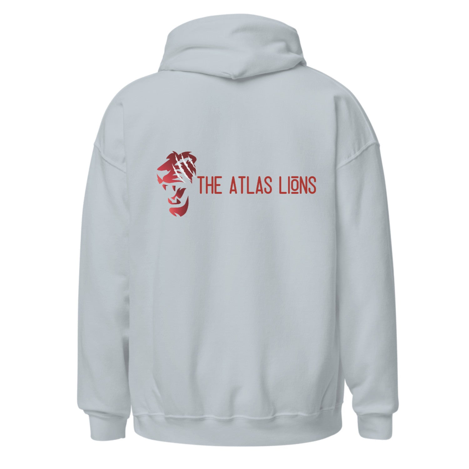 Light gray hoodie with red logo and text on the back against a white background.
light blue hoodie, front red glaring eyes graphic, back red lion head with white claw marks, Atlas Lions text stylized, ShowYourIdentity collection, bold streetwear, Moroccan pride fashion, powerful urban design.
- “3youn li kaychoufou, assad li kayhmi.”
- “Atlas Lions, pride in style.”
- “ShowYourIdentity, show your power.”
- “Min l3youn l’assad, l9owa kayban.”