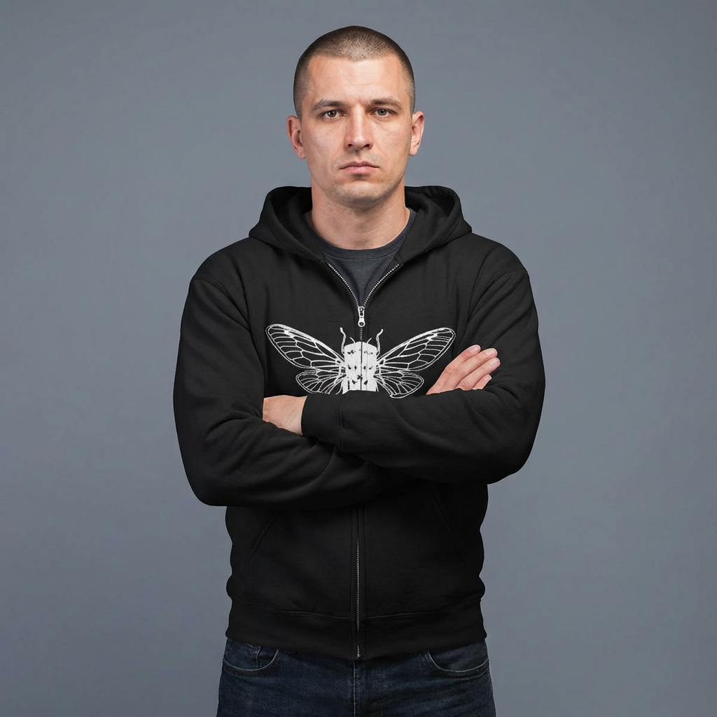 Man wearing a black hoodie with a butterfly design on a gray background