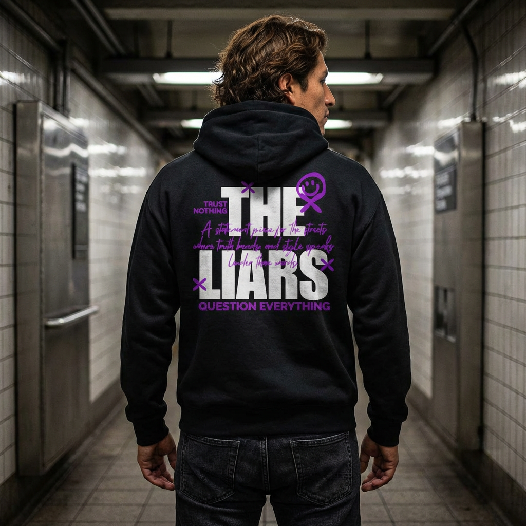 Person wearing a black hoodie with text in a subway setting