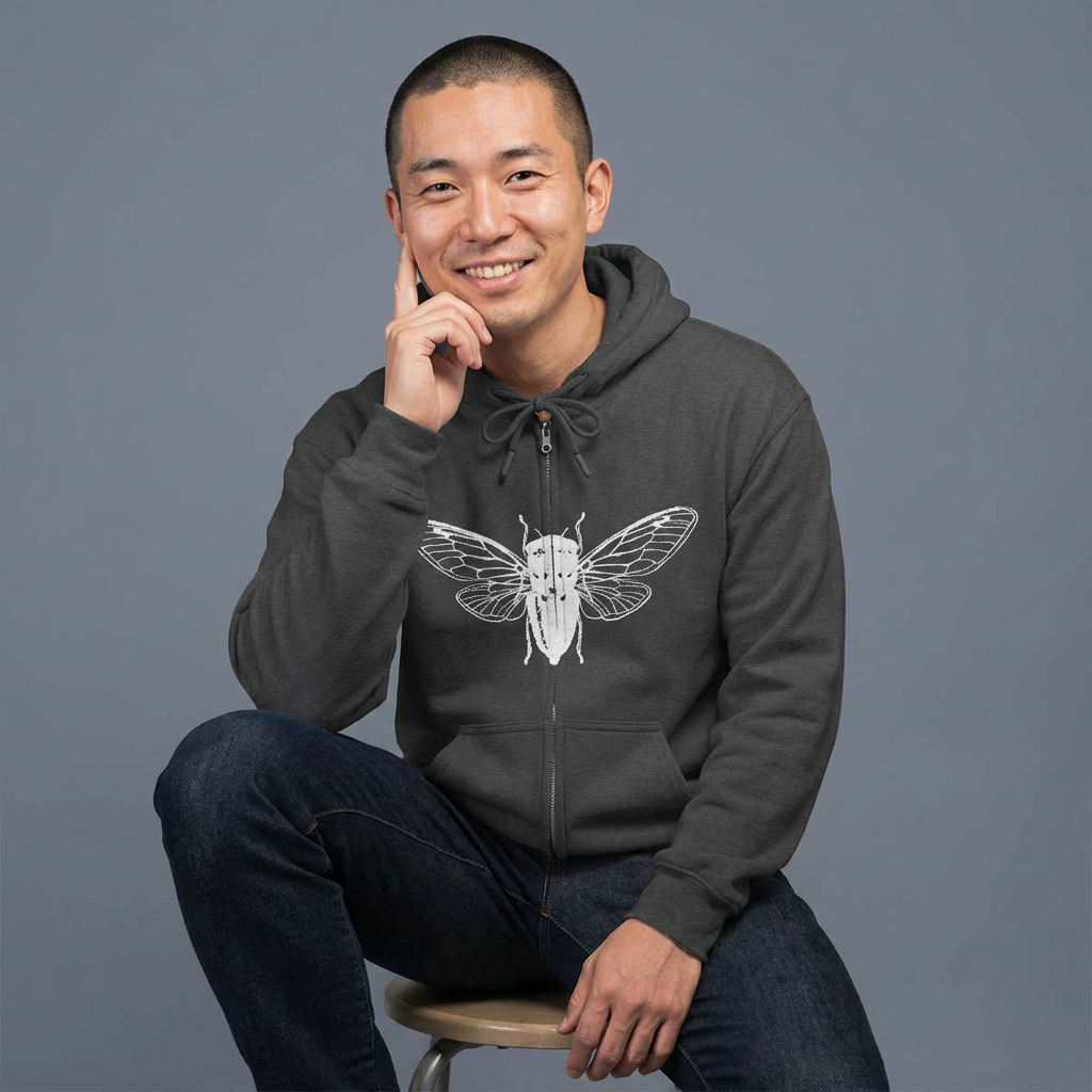 Man wearing a dark gray hoodie with a white graphic design on a gray background