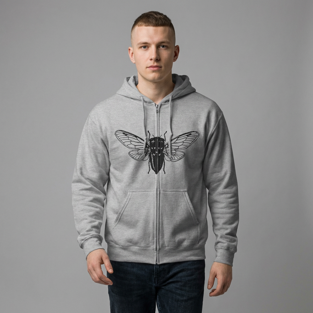 Man wearing a gray hoodie with a cicada design on a gray background