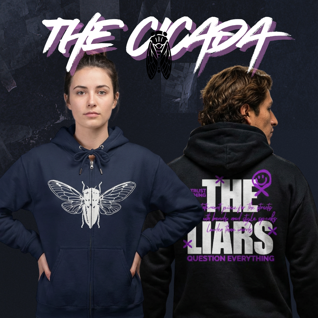 Two people wearing hoodies with 'The Cicada' and 'The Liars' designs on a dark background.