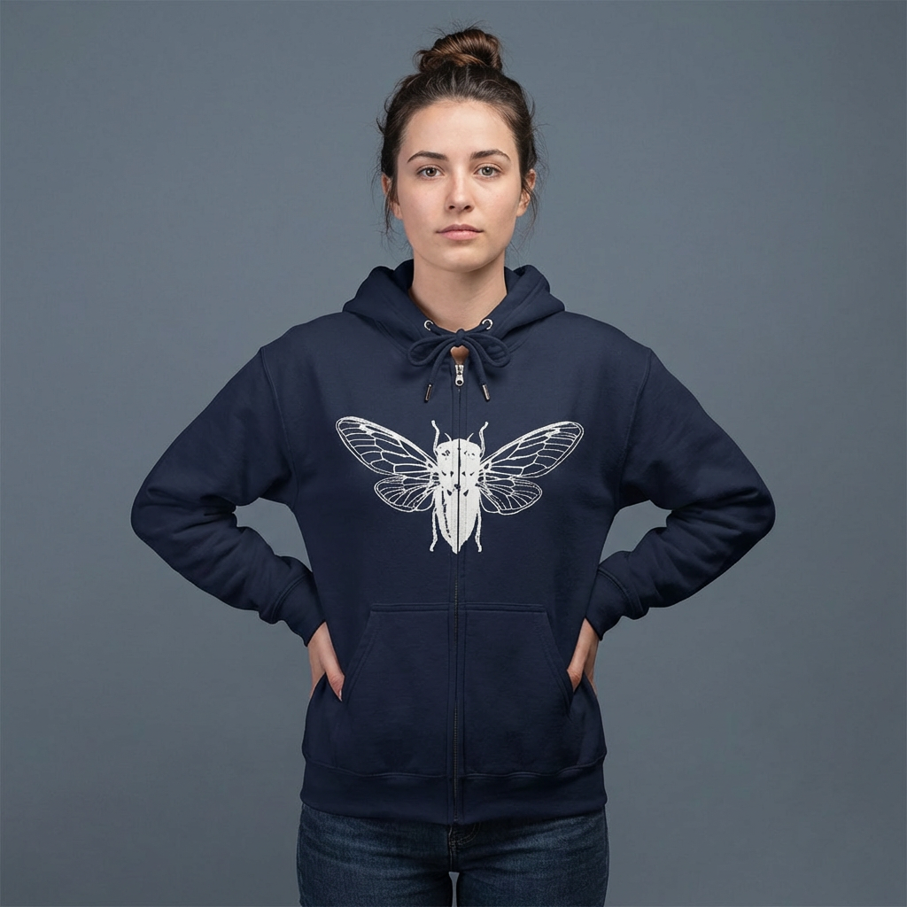 Person wearing a navy hoodie with a white moth design on a gray background