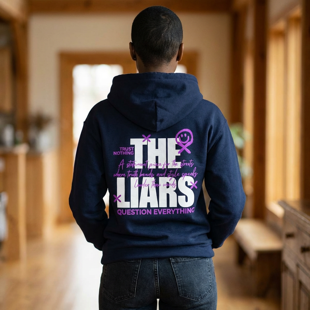 Person wearing a navy hoodie with text on the back in a blurred indoor setting