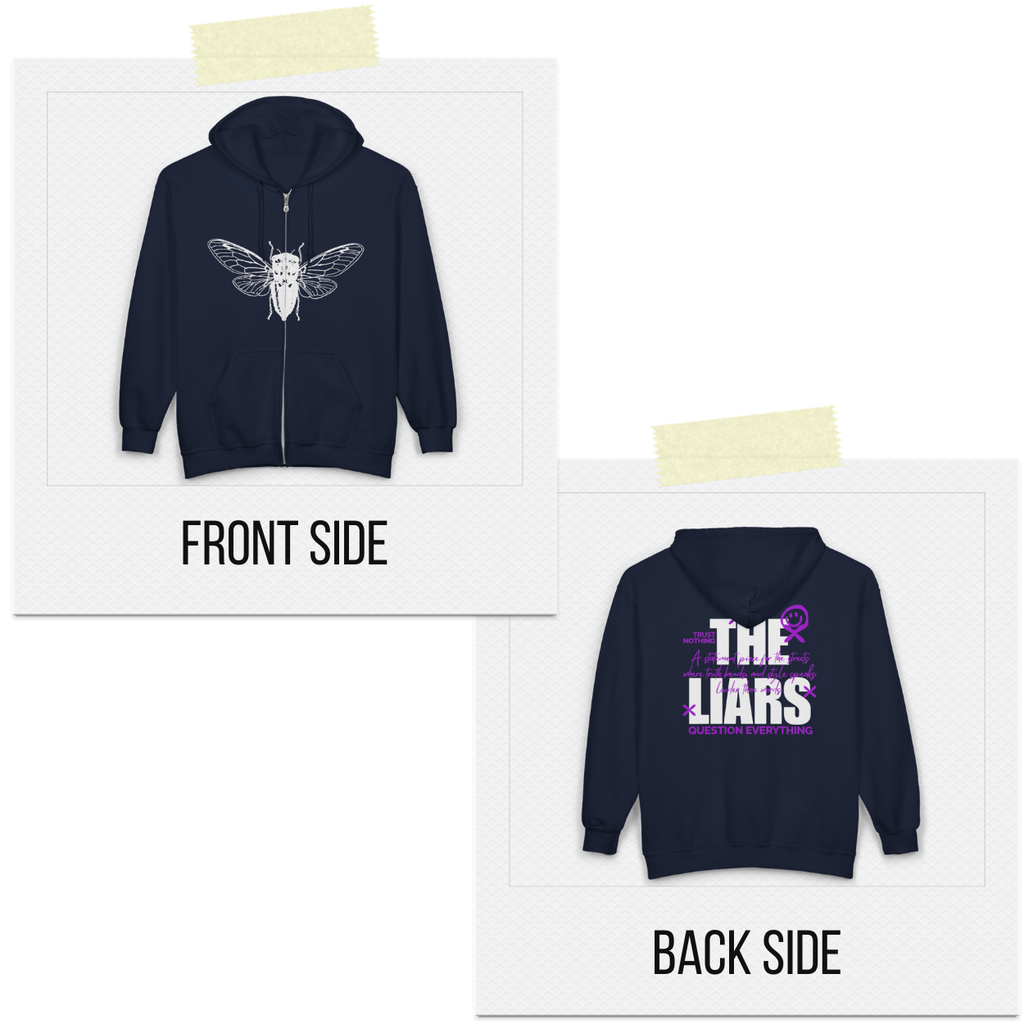 Navy blue hoodie with front and back designs on a white background