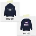 Navy blue hoodie with front and back designs on a white background