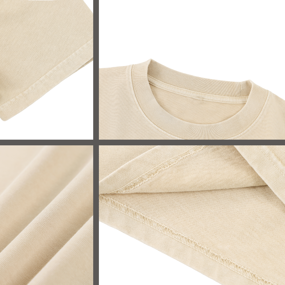 A four-panel close-up collage showing the fabric and construction details of a light beige crewneck t-shirt, including a fabric swatch, the collar, and folded sleeves.