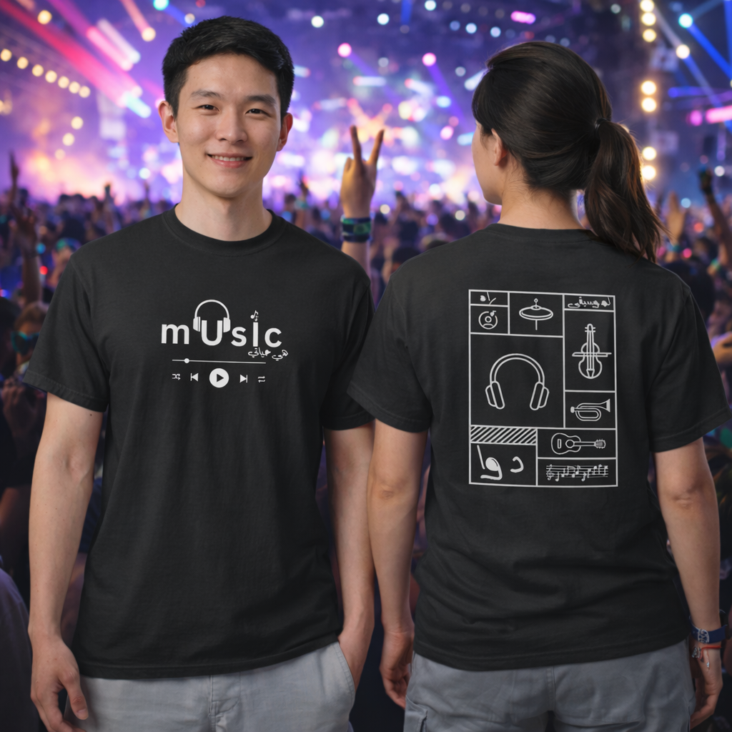 Two people wearing black t-shirts with music-themed designs in a concert setting.
Black t-shirt front mUsic text with headphones and Arabic phrase, back musical instrument icons grid, ShowYourVibes collection, music therapy design, Moroccan streetwear.
“Music heals everything.”

“ShowYourVibes, show your rhythm.”

“Every beat tells a story.”

“Music is life — feel it.”