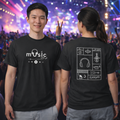 Two people wearing black t-shirts with music-themed designs in a concert setting.
Black t-shirt front mUsic text with headphones and Arabic phrase, back musical instrument icons grid, ShowYourVibes collection, music therapy design, Moroccan streetwear.
“Music heals everything.”

“ShowYourVibes, show your rhythm.”

“Every beat tells a story.”

“Music is life — feel it.”