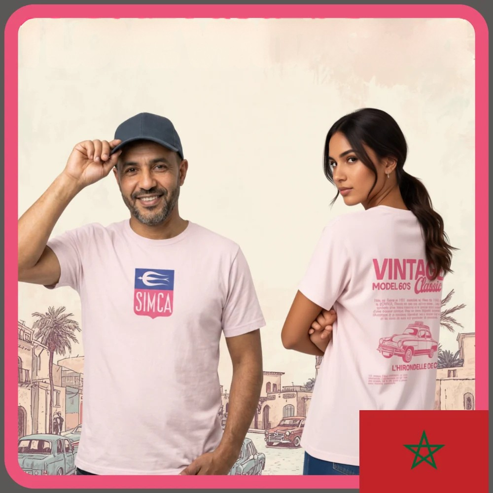 Two people wearing t-shirts with vintage designs and text, set against a pastel-colored background
Light pink t-shirt front SIMCA logo, back vintage car illustration L’Hirondelle de Casa text, ShowYourLove collection, Moroccan nostalgia design, retro automotive streetwear..
“Love vintage, love memories.”

“ShowYourLove, show your roots.”

“L’Hirondelle de Casa — timeless elegance.”

“Where nostalgia meets style.”